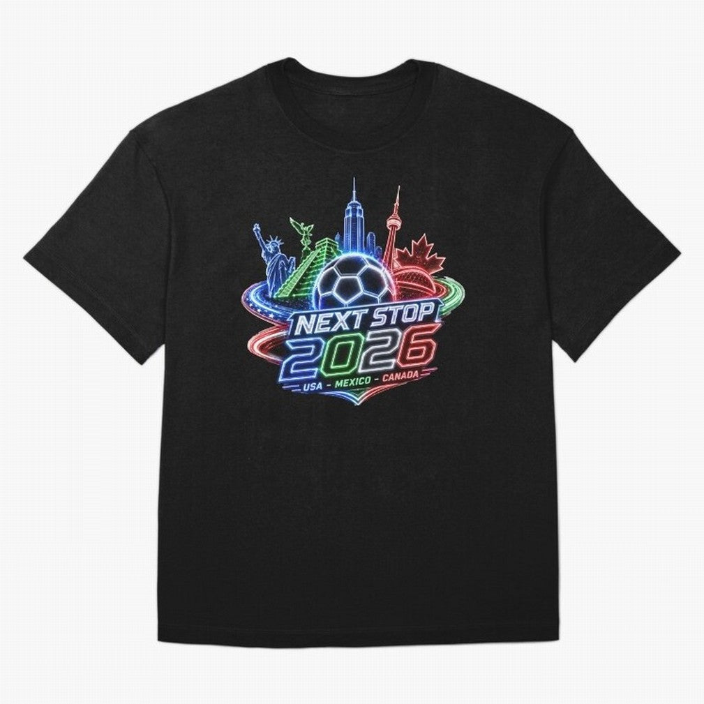 Next Stop 2026 USA Mexico Canada Neon Soccer Emblem Classic T-Shirt Carry FIFA World Cup 2026 USA Canada Mexico for Fans of Messi and Cristiano Ronaldo and England, France and Netherlands, Bringing Global Supporter Spirit, Legendary Goals, National