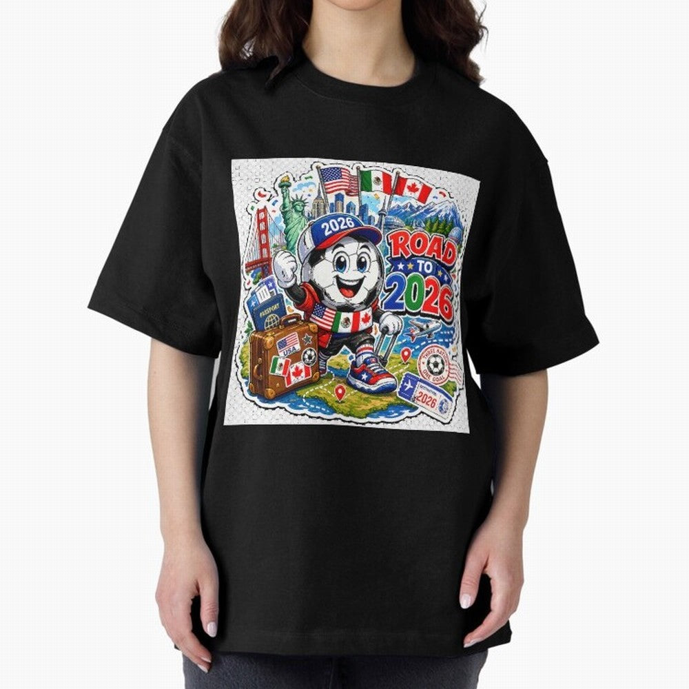 Road to 2026 Football Travel Classic T-Shirt Embrace Global Football Passion for FIFA World Cup 2026, Capturing Mbappe and Neymar, Brazil, Portugal and Argentina, Retro Football Energy, Iconic Rivalries, Trophy Chase Drama and Stadium Atmosphere;