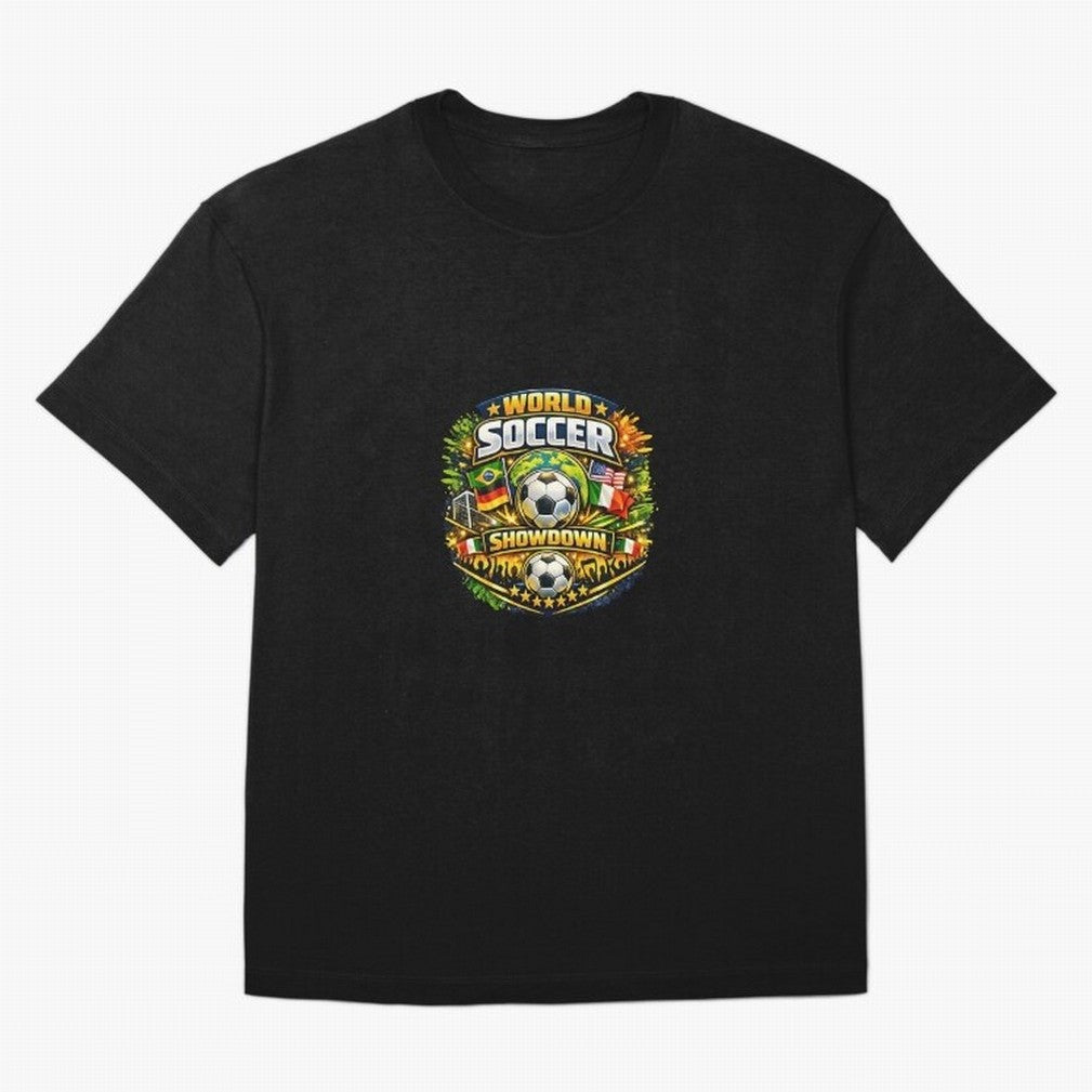 World Soccer Showdown Global Flags @ Fan Edition Classic T-Shirt Represent Global Football Passion for FIFA World Cup 2026 USA Canada Mexico, Inspired by Messi, CR7 and Mbappe, Portugal, Worldwide Fan Energy, Dramatic Goals, Stadium Lights and