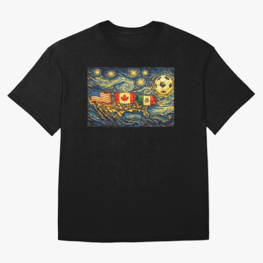 North America Soccer Starry Night Dreamy and Swirls Inspired from Van Gogh Classic T-Shirt Cheer through Every Moment of FIFA World Cup 2026 Spirit, Capturing Argentina, CR7, Champion Mindset, Group Stage Buzz, Knockout Tension and Passionate Fan