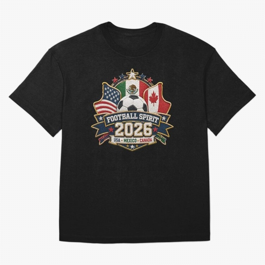 Football Spirit 2026 USA Mexico Canada Patch Design Classic T-Shirt Bring a Champion Mindset to Global Football Passion for FIFA World Cup 2026, Capturing Mbappe and Neymar, England, France and Netherlands, Classic Soccer Heritage, Championship