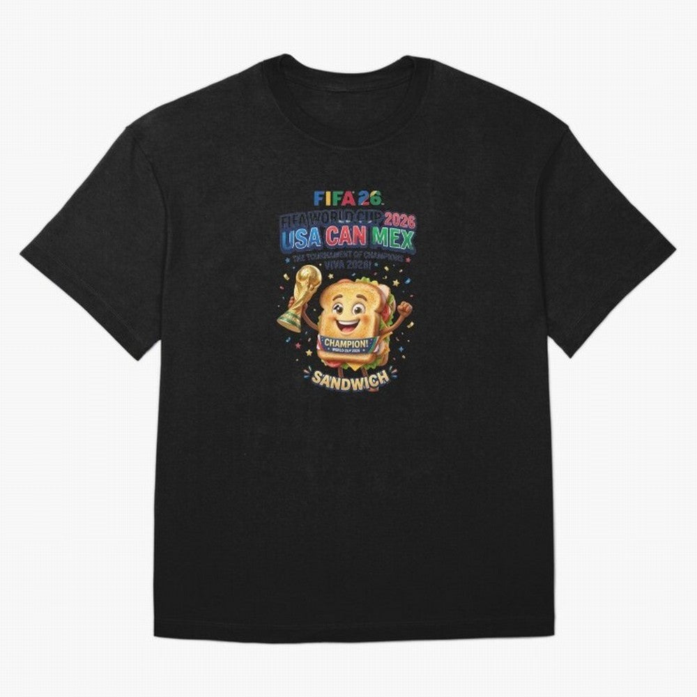 Cartoon Sandwich Champion Holding 2026 World Cup Trophy Classic T-Shirt Live the Energy of Match Day Hype around FIFA World Cup 2026 Group Stage, Messi, Neymar and Mbappe, England and Germany, Champion Mindset, Group Stage Buzz, Knockout Tension