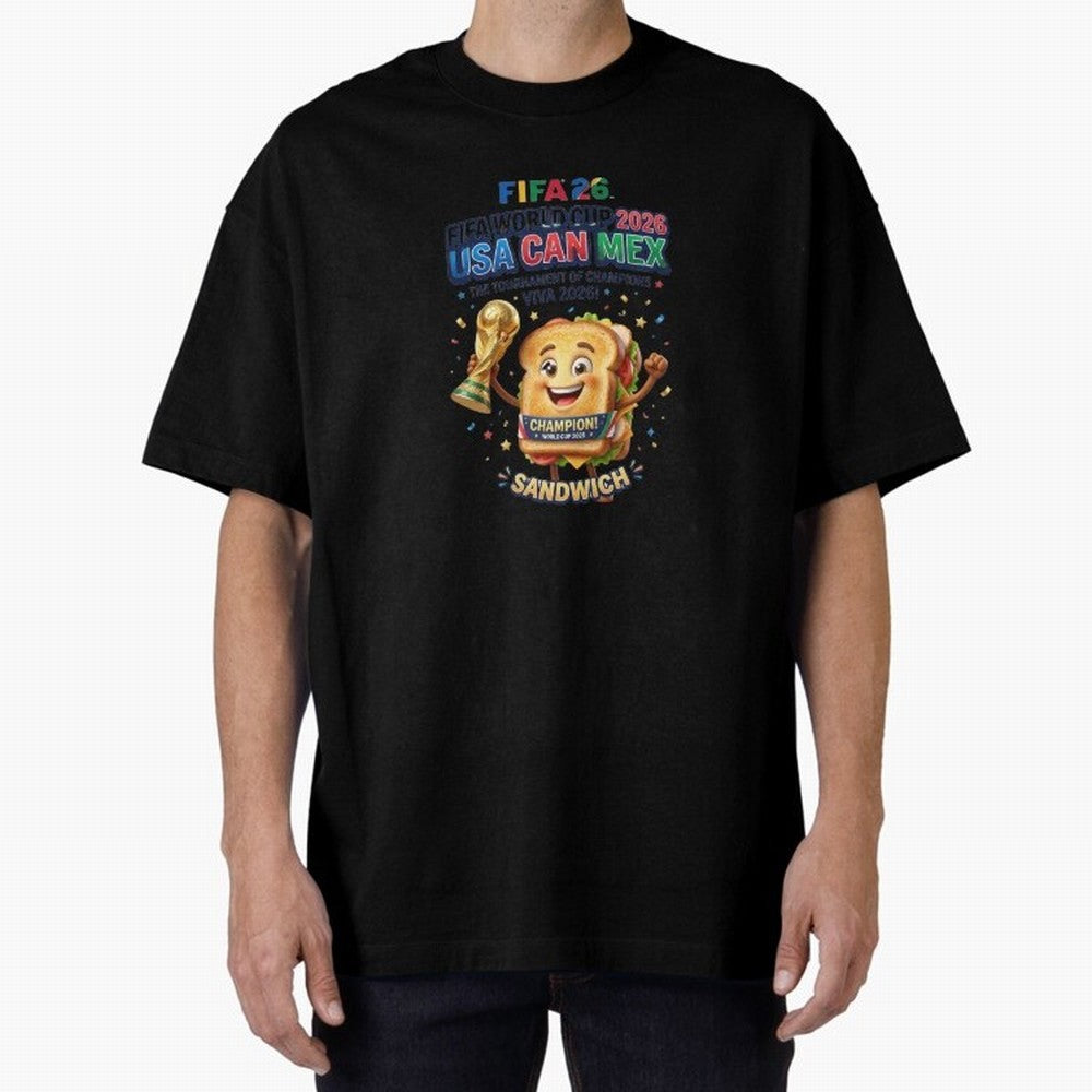 Cartoon Sandwich Champion Holding 2026 World Cup Trophy Classic T-Shirt Live the Energy of Match Day Hype around FIFA World Cup 2026 Group Stage, Messi, Neymar and Mbappe, England and Germany, Champion Mindset, Group Stage Buzz, Knockout Tension