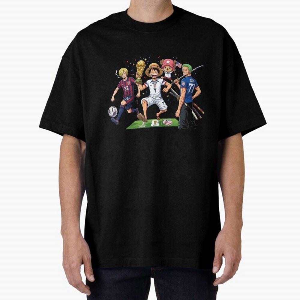 One Piece Characters Celebrating World Cup 2026 USA Classic T-Shirt Bring a Champion Mindset to Global Football Passion for FIFA World Cup 2026 USA Canada Mexico, Inspired by CR7, England and Germany, Championship Spirit, Famous Goals, Roaring