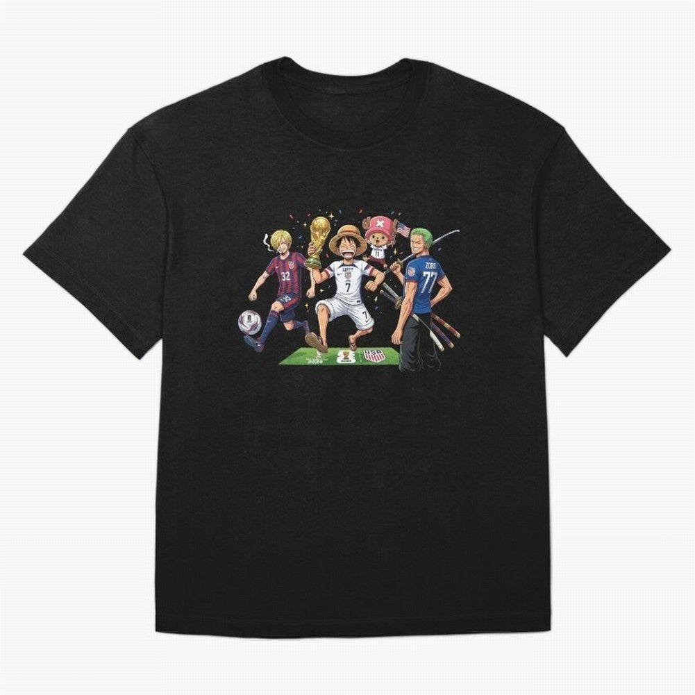 One Piece Characters Celebrating World Cup 2026 USA Classic T-Shirt Bring a Champion Mindset to Global Football Passion for FIFA World Cup 2026 USA Canada Mexico, Inspired by CR7, England and Germany, Championship Spirit, Famous Goals, Roaring