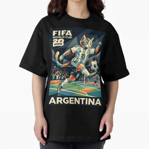 Argentina Cat World Cup 2026 ¨C Geometric Football Art Classic T-Shirt Capture Global Football Passion for FIFA World Cup 2026 USA Canada Mexico, Inspired by Mbappe and Neymar, Portugal, Spain and Germany, Sports Nostalgia, International