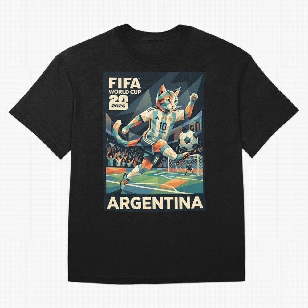 Argentina Cat World Cup 2026 ¨C Geometric Football Art Classic T-Shirt Capture Global Football Passion for FIFA World Cup 2026 USA Canada Mexico, Inspired by Mbappe and Neymar, Portugal, Spain and Germany, Sports Nostalgia, International