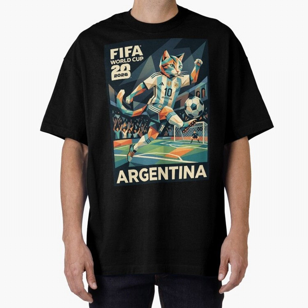 Argentina Cat World Cup 2026 ¨C Geometric Football Art Classic T-Shirt Capture Global Football Passion for FIFA World Cup 2026 USA Canada Mexico, Inspired by Mbappe and Neymar, Portugal, Spain and Germany, Sports Nostalgia, International