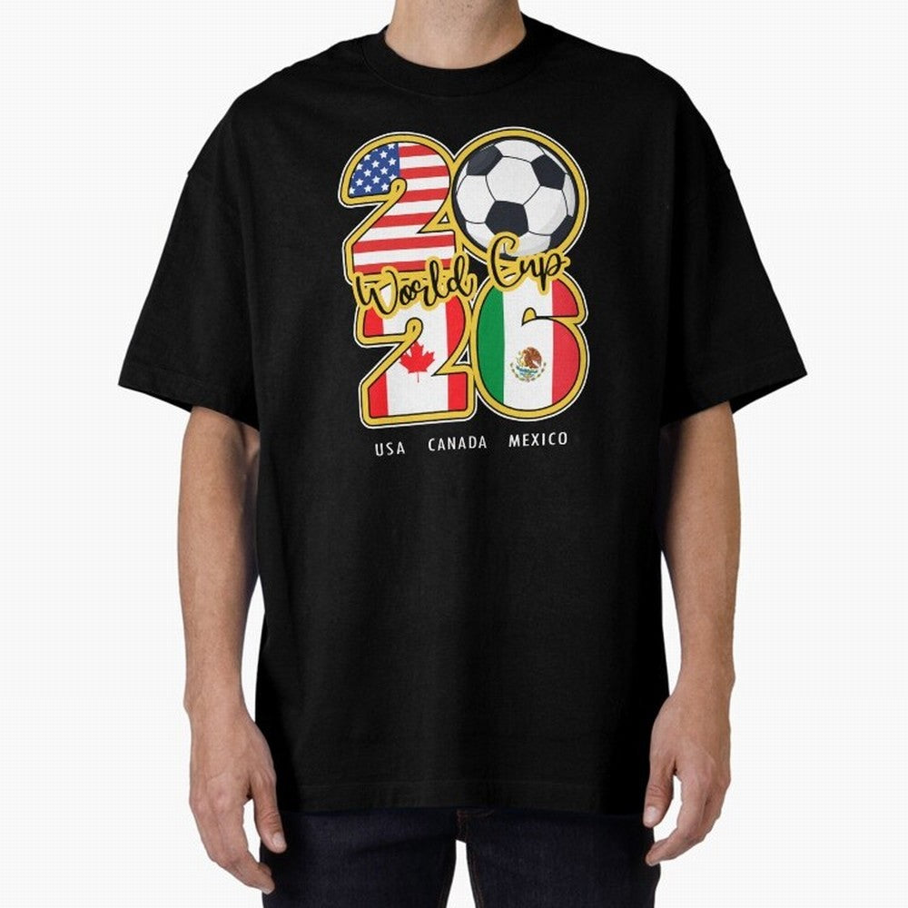 Usa Canada Mexico Soccer 2026 Oversized T-Shirt Represent the FIFA World Cup 2026 Group Stage Journey through Mbappe Highlights, Spain Pride, Retro Football Energy, Iconic Rivalries, Trophy Chase Drama and Stadium Atmosphere; Ideal for Football