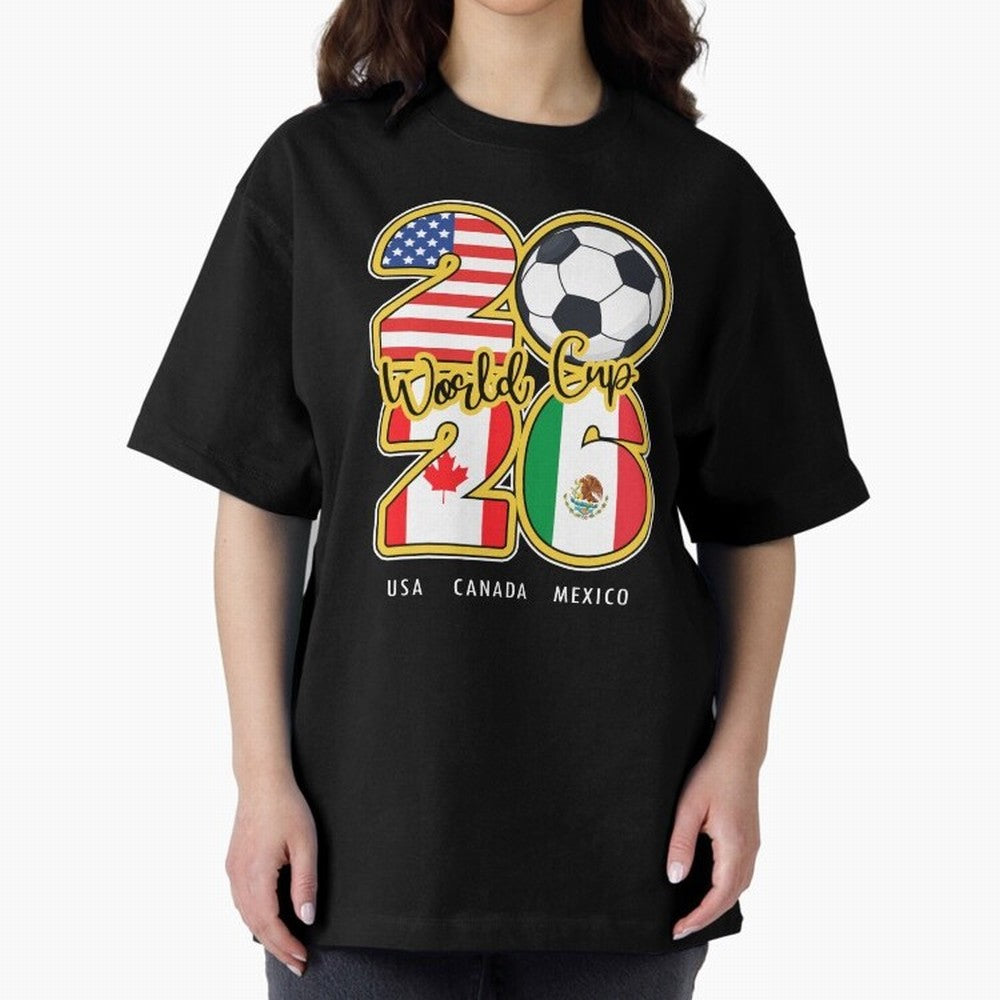 Usa Canada Mexico Soccer 2026 Oversized T-Shirt Represent the FIFA World Cup 2026 Group Stage Journey through Mbappe Highlights, Spain Pride, Retro Football Energy, Iconic Rivalries, Trophy Chase Drama and Stadium Atmosphere; Ideal for Football