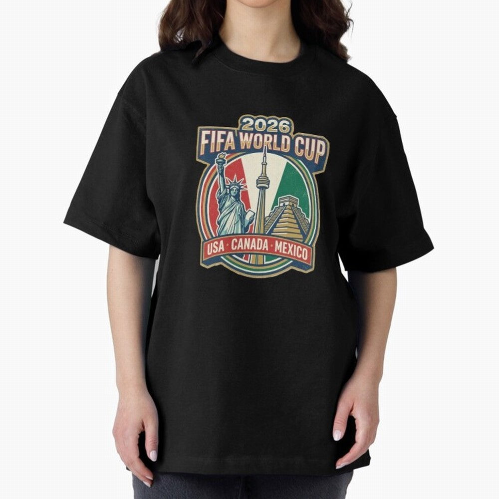 North America United Soccer 2026 Vintage Crest Oversized T-Shirt Refresh Global Football Passion for FIFA World Cup 2026 Group Stage, Filled with Messi, CR7 and Mbappe, Argentina and Brazil, Global Supporter Spirit, Legendary Goals, National Colors