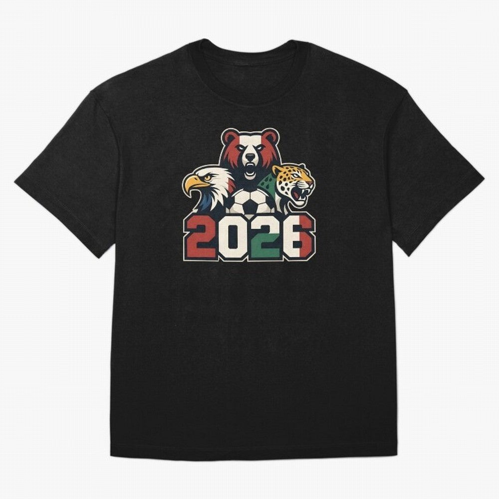 World Cup 2026 USA Canada Mexico Host Mascots Oversized T-Shirt Stand with Match Day Hype around FIFA World Cup 2026, Messi, Portugal, Spain and Germany, Stadium Memories, Football Loyalty, International Chants and Championship Tradition; Created