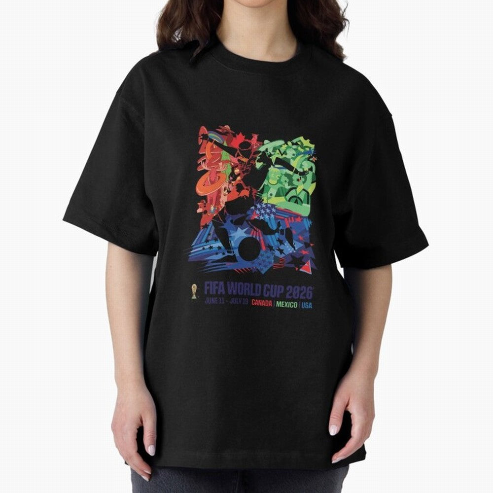 Host Nations Cultural Splash Art Oversized T-Shirt Show Your Love for FIFA World Cup 2026 USA Canada Mexico Highlighting CR7 and Messi, Argentina and Brazil Energy, Football Festival Excitement, Trophy Ambitions, Country Rivalries and Star Player
