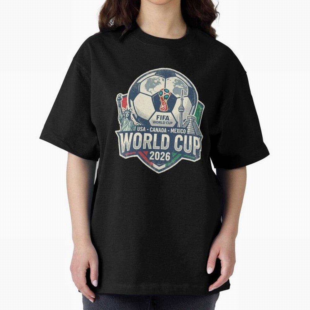 North America United Soccer 2026 Vintage Crest Oversized T-Shirt Create FIFA World Cup 2026 Centered on Messi, CR7 and Mbappe, Portugal Energy, Football Festival Excitement, Trophy Ambitions, Country Rivalries and Star Player Buzz; Created for