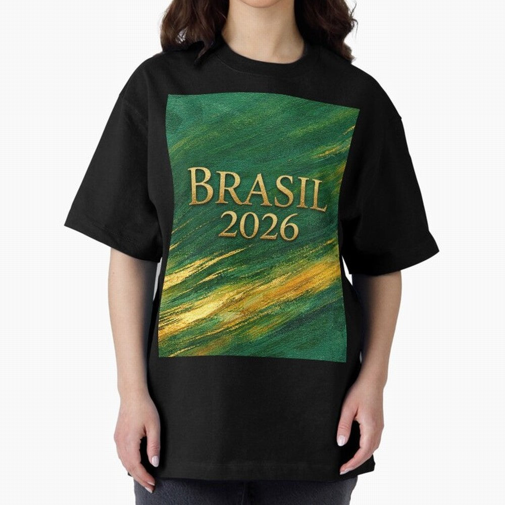 Brasil 2026 Gold Soccer Theme Oversized T-Shirt Bring World Football Passion into FIFA World Cup 2026 USA Canada Mexico Spirit, Inspired by France, Messi, Championship Spirit, Famous Goals, Roaring Crowds and International Football Unity; Ideal for