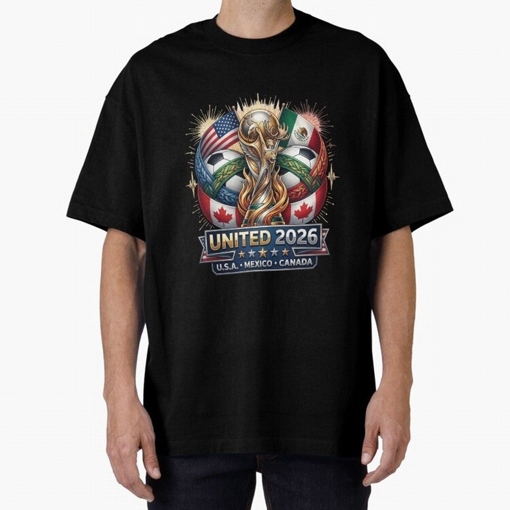 United 2026 Soccer Nations Trophy - USA Mexico Canada Mascot Art Oversized T-Shirt Join Global Football Passion for FIFA World Cup 2026 USA Canada Mexico, Centered on CR7 and Messi, Portugal, Sports Nostalgia, International Competition, Famous
