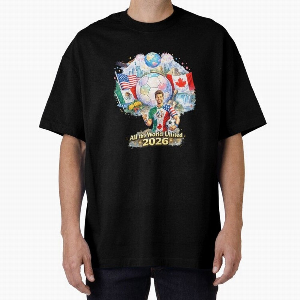 All The World United 2026 Football Design Oversized T-Shirt Bring Home Global Football Passion for FIFA World Cup 2026 Group Stage, Built around Messi and Cristiano Ronaldo, Portugal, Football Festival Excitement, Trophy Ambitions, Country