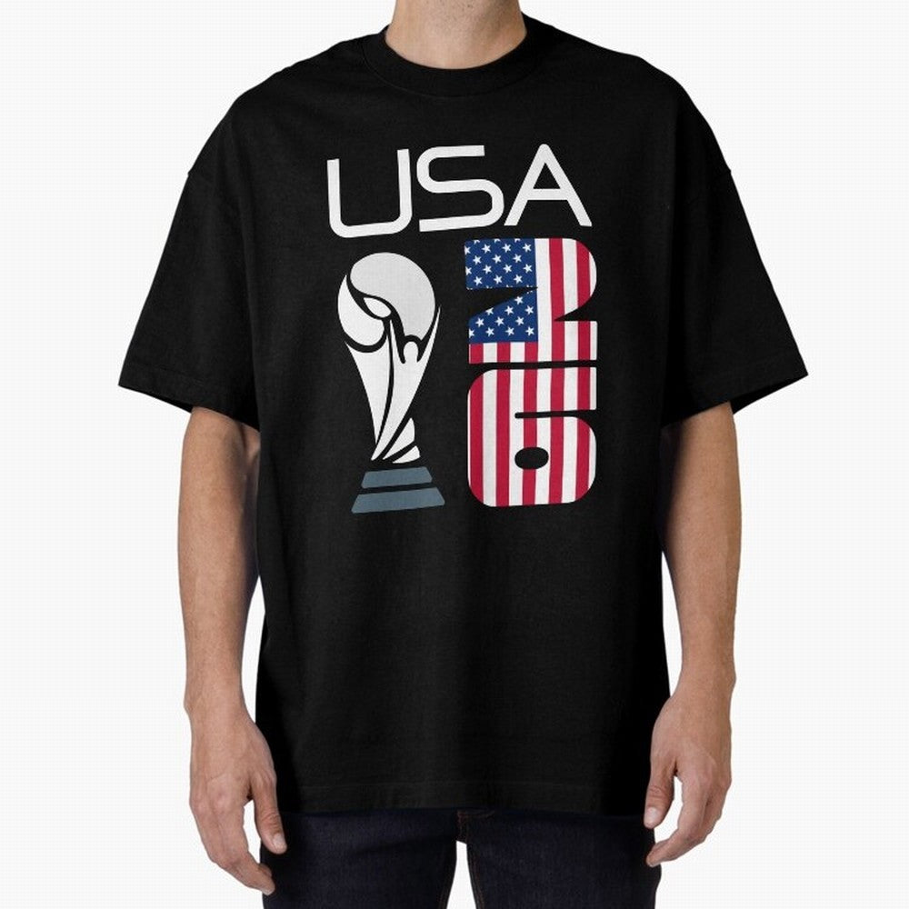 USA 2026 Soccer World Cup Trophy American Flag Design Oversized T-Shirt Remember Iconic Moments from the FIFA World Cup 2026 Group Stage Journey through Haaland Highlights, Portugal, Spain and Germany Pride, Soccer Culture, Superstar Moments,