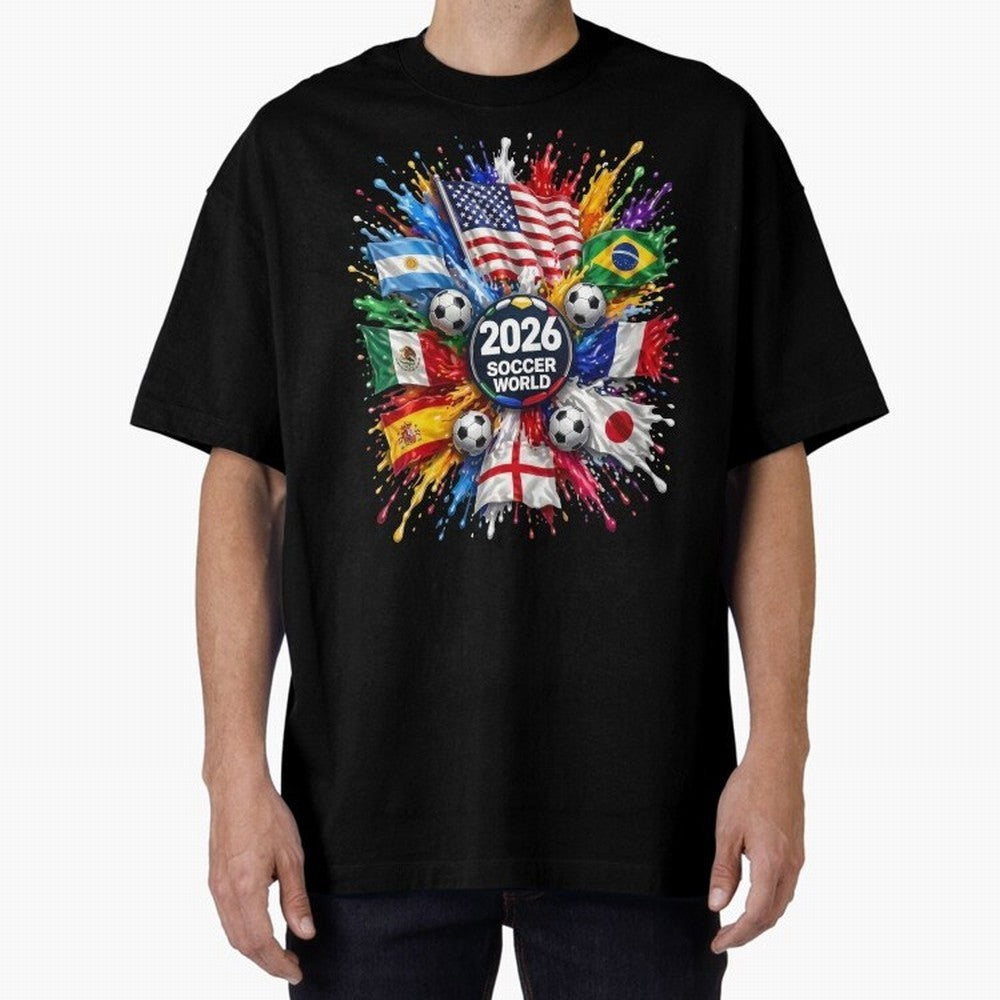 2026 Soccer World Flags USA Mexico Canada Football Paint Splash Graphic Oversized T-Shirt Build FIFA World Cup 2026 USA Canada Mexico for Fans of Neymar, Haaland and Cristiano Ronaldo and Portugal, Spain and Germany, Bringing Championship Spirit,