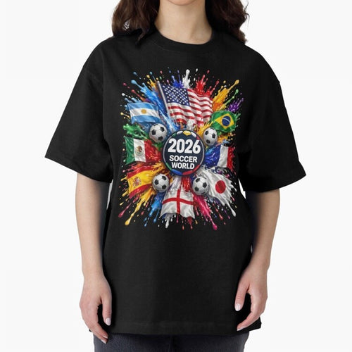 2026 Soccer World Flags USA Mexico Canada Football Paint Splash Graphic Oversized T-Shirt Build FIFA World Cup 2026 USA Canada Mexico for Fans of Neymar, Haaland and Cristiano Ronaldo and Portugal, Spain and Germany, Bringing Championship Spirit,