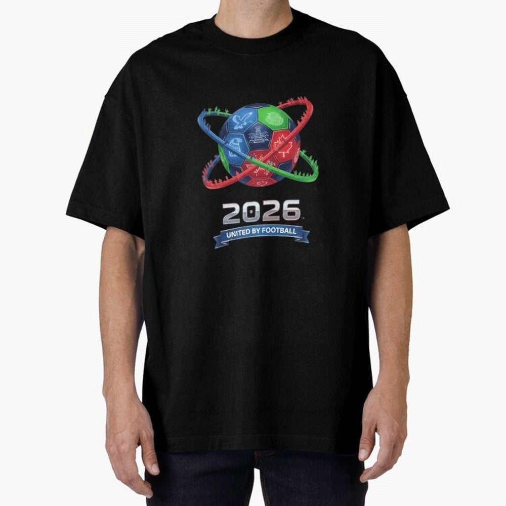 United By Football 2026 Global Connectivity Oversized T-Shirt Celebrate Unforgettable Nights in the FIFA World Cup 2026 USA Canada Mexico Journey through Messi, CR7 and Mbappe Highlights, Argentina and Brazil Pride, Worldwide Fan Energy, Dramatic