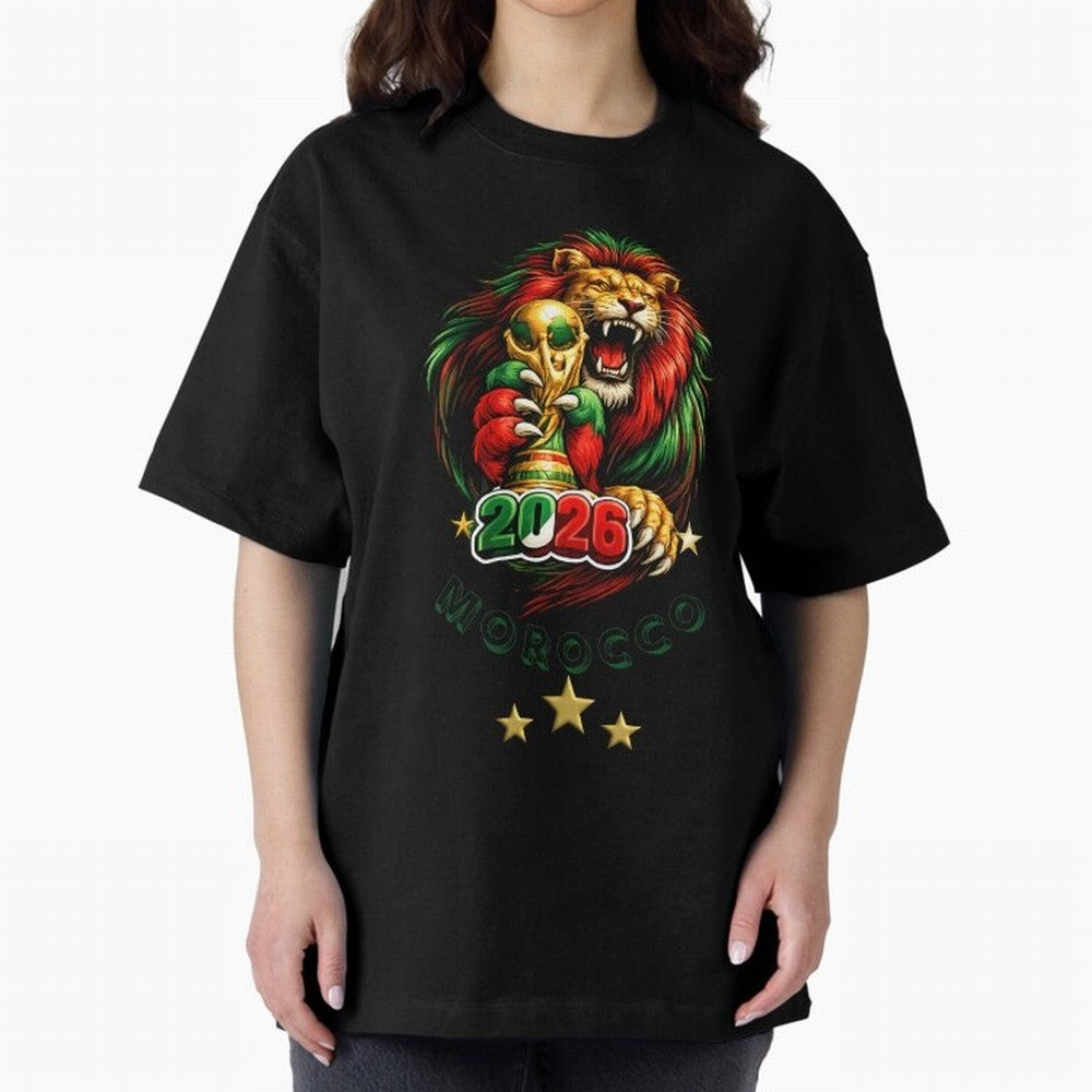 Moroccan Lion World Cup 2026 Design Oversized T-Shirt Share FIFA World Cup 2026 Group Stage for Fans of CR7 and Messi and Germany, Bringing Soccer Culture, Superstar Moments, National Team Dreams and Competitive Fire; Great for Watch Parties,