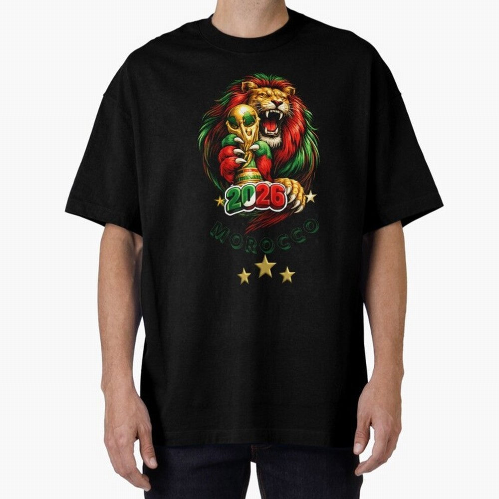 Moroccan Lion World Cup 2026 Design Oversized T-Shirt Share FIFA World Cup 2026 Group Stage for Fans of CR7 and Messi and Germany, Bringing Soccer Culture, Superstar Moments, National Team Dreams and Competitive Fire; Great for Watch Parties,