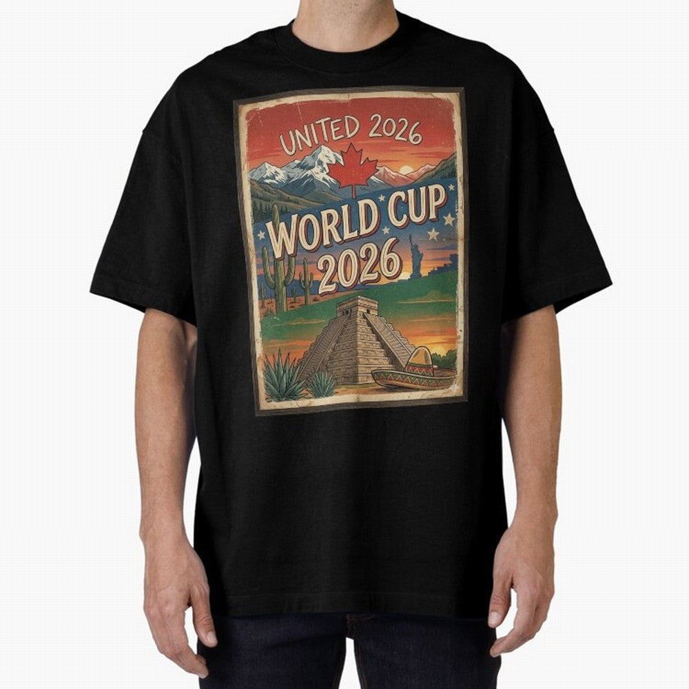 United 2026 World Cup ¨C Vintage North America Soccer Poster Oversized T-Shirt Bring a Vintage Feel to Match Day Hype around FIFA World Cup 2026 Group Stage, Messi and Cristiano Ronaldo, Spain and Netherlands, Fan Favorite Moments, National Team