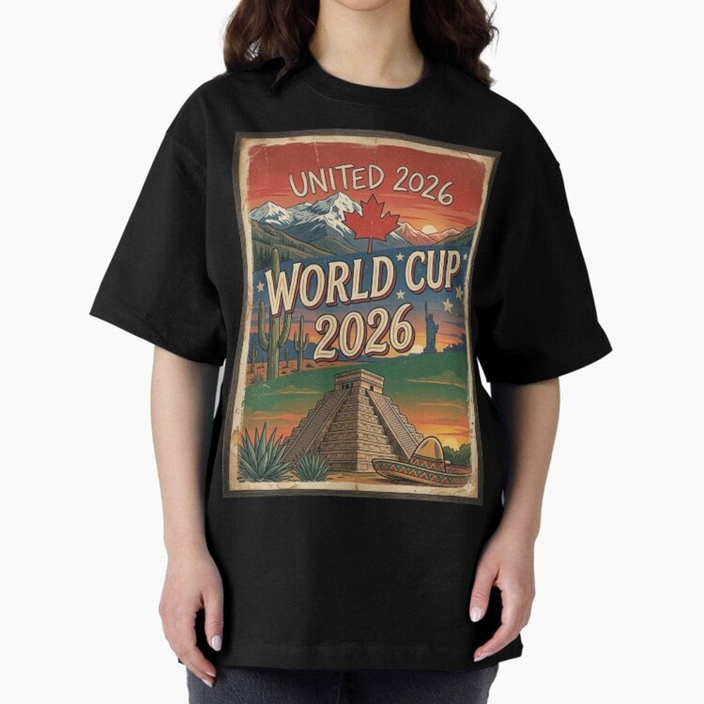 United 2026 World Cup ¨C Vintage North America Soccer Poster Oversized T-Shirt Bring a Vintage Feel to Match Day Hype around FIFA World Cup 2026 Group Stage, Messi and Cristiano Ronaldo, Spain and Netherlands, Fan Favorite Moments, National Team