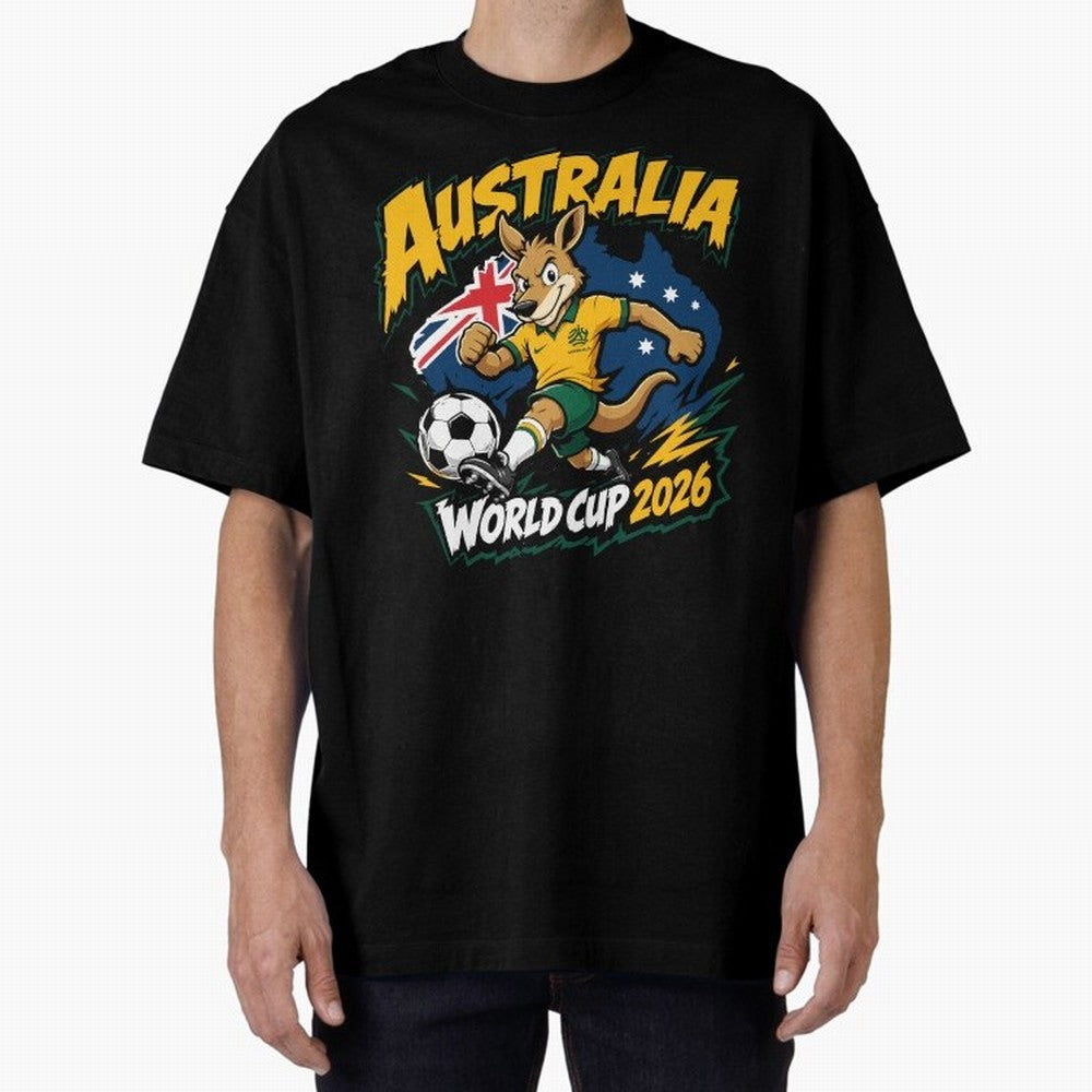 Australia World Cup 2026 Kangaroo Soccer Fan Art Oversized T-Shirt Remember FIFA World Cup 2026 for Fans of Mbappe and Neymar and England and Germany, Bringing Sports Nostalgia, International Competition, Famous Players and Unforgettable Victories;