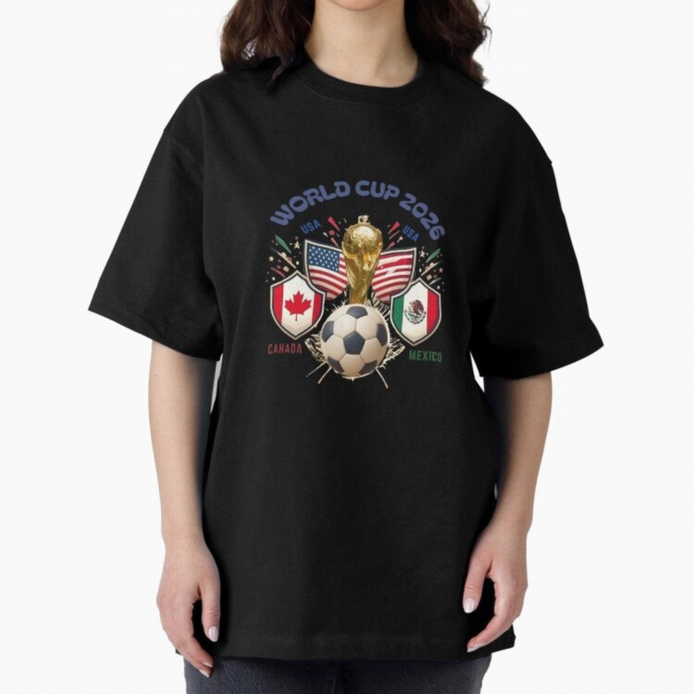 World Cup 2026 Host Nations Crest Oversized T-Shirt Discover Match Day Hype around FIFA World Cup 2026, Cristiano Ronaldo, Haaland and CR7, England, France and Netherlands, Football Festival Excitement, Trophy Ambitions, Country Rivalries and Star