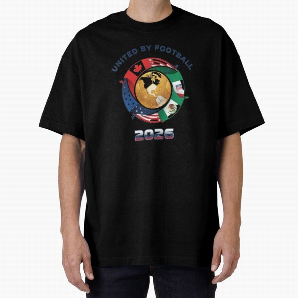 United By Football 2026 Logo Oversized T-Shirt Make Every Kick Count in Global Football Passion for FIFA World Cup 2026, Centered on Cristiano Ronaldo, Portugal, Spain and Germany, Football Festival Excitement, Trophy Ambitions, Country Rivalries
