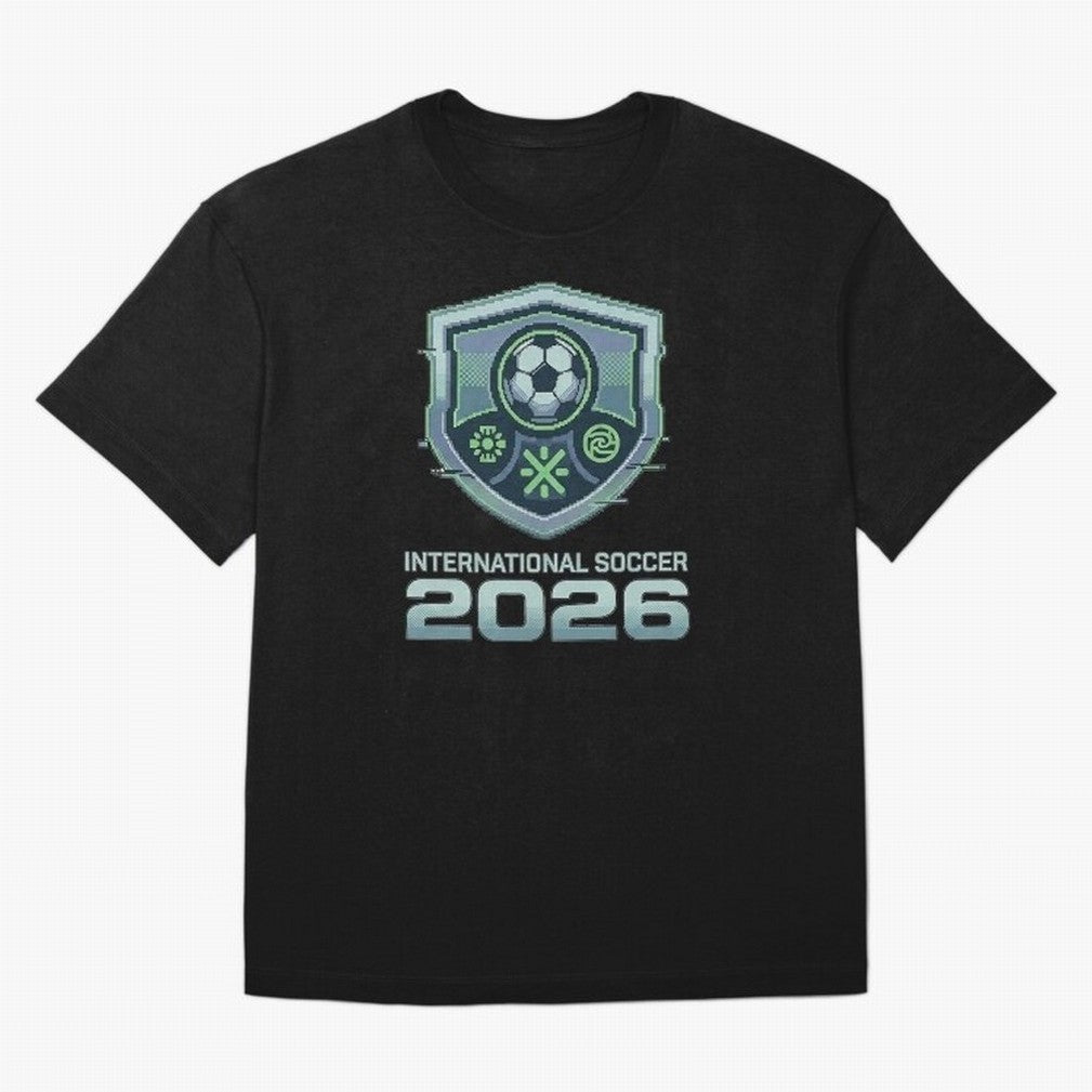 International Soccer 2026 Retro Pixel Glitch Crest Oversized T-Shirt Spotlight Global Football Passion for FIFA World Cup 2026 USA Canada Mexico, Celebrating CR7, Argentina, France and Brazil, Football History, Final Match Energy, Crowd Noise and