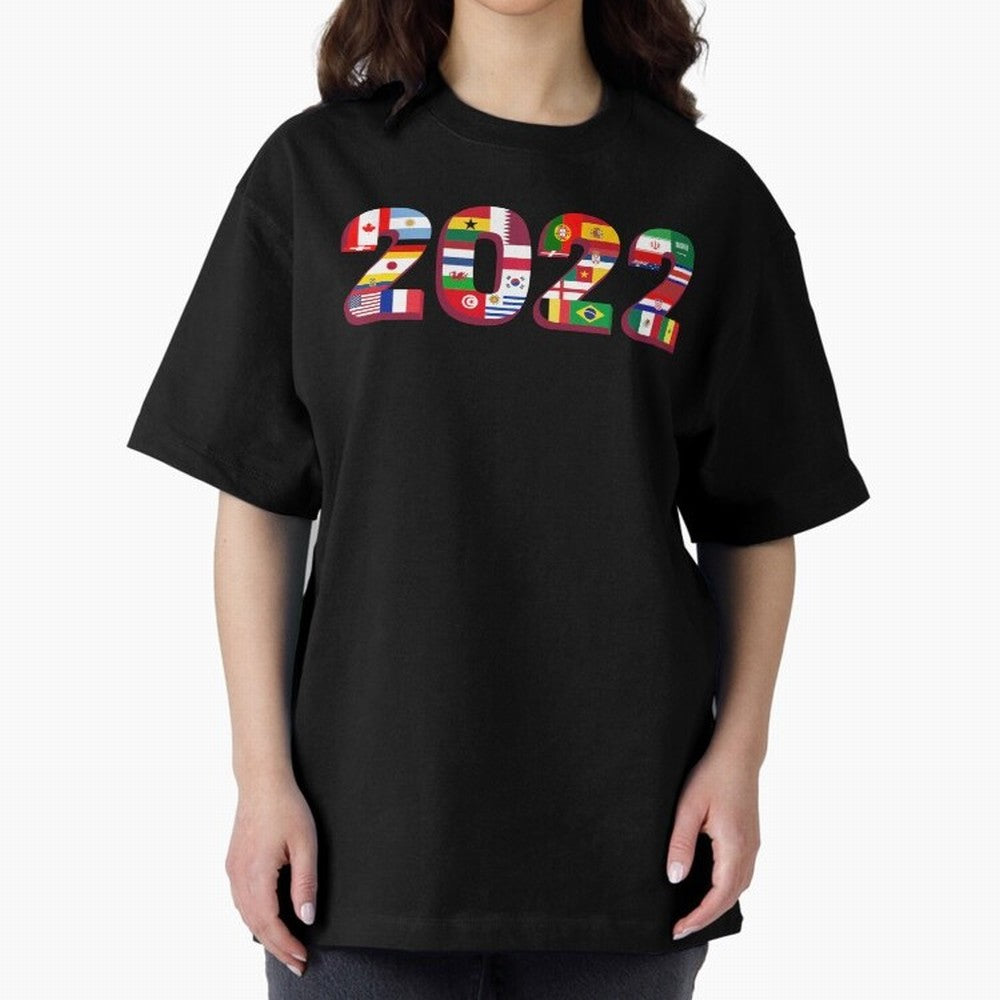 Flags of the 32 Teams that Played in Qatar in 2022 for Football Fans Oversized T-Shirt Relive the FIFA World Cup 2026 USA Canada Mexico Journey through Neymar, Haaland and Cristiano Ronaldo Highlights, France and Portugal Pride, Global Supporter