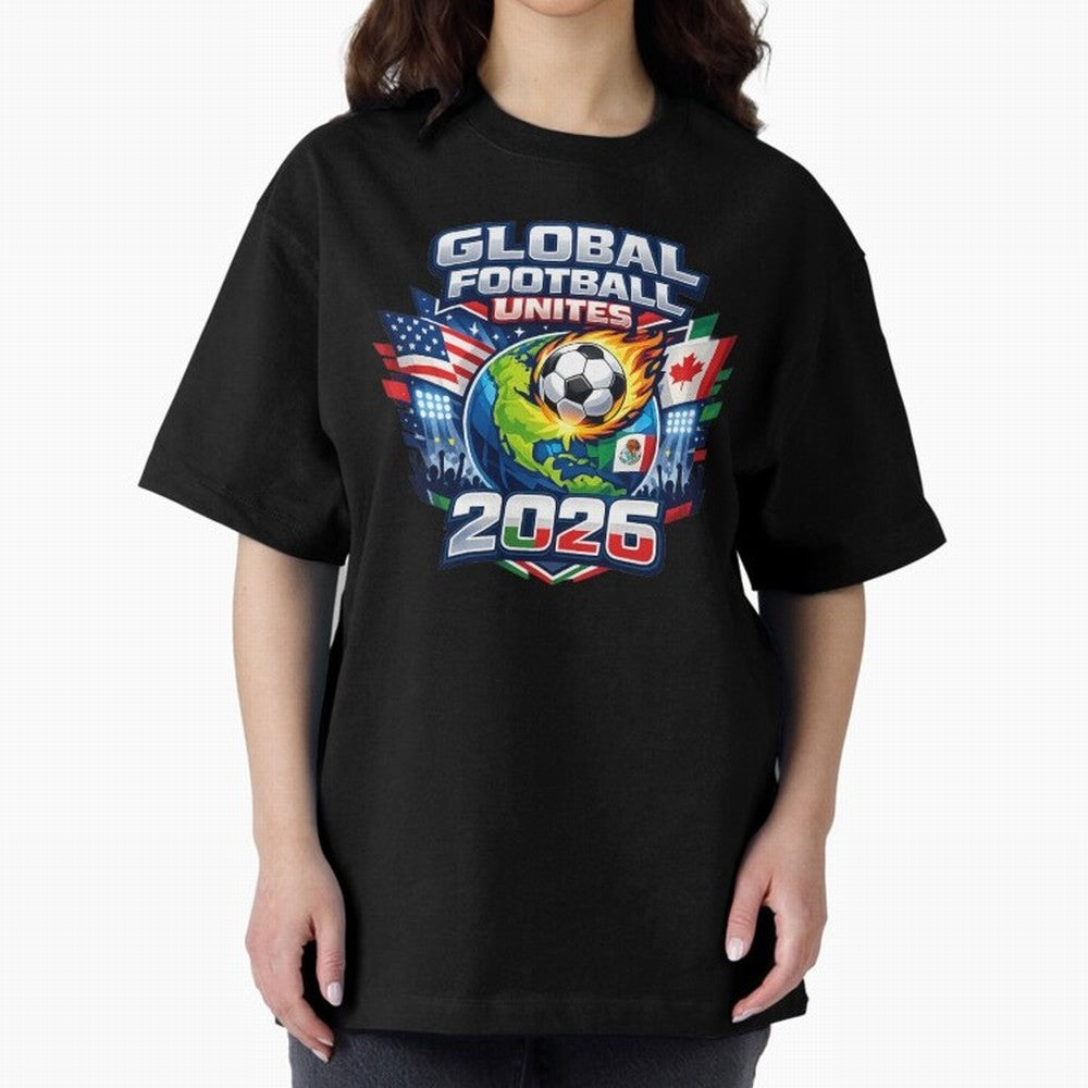 Global Football Unites 2026 USA Canada Mexico Oversized T-Shirt Celebrate the Stars of FIFA World Cup 2026 USA Canada Mexico Spirit, Featuring Argentina, Messi, CR7 and Mbappe, Retro Football Energy, Iconic Rivalries, Trophy Chase Drama and Stadium