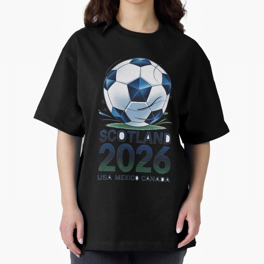 Scotland Soccer Football Design 2026 Oversized T-Shirt Spotlight the FIFA World Cup 2026 USA Canada Mexico Journey through Haaland Highlights, Spain Pride, Global Supporter Spirit, Legendary Goals, National Colors and Tournament Celebration;