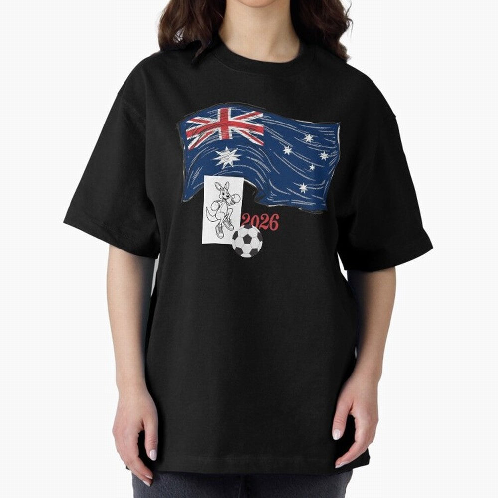 Australia 2026 Soccer Pride - Boxing Kangaroo & Dynamic Waving Flag. Oversized T-Shirt Feel the Heartbeat of Global Football Passion for FIFA World Cup 2026 USA Canada Mexico, Driven by Neymar, Haaland and Cristiano Ronaldo, Argentina and Brazil,