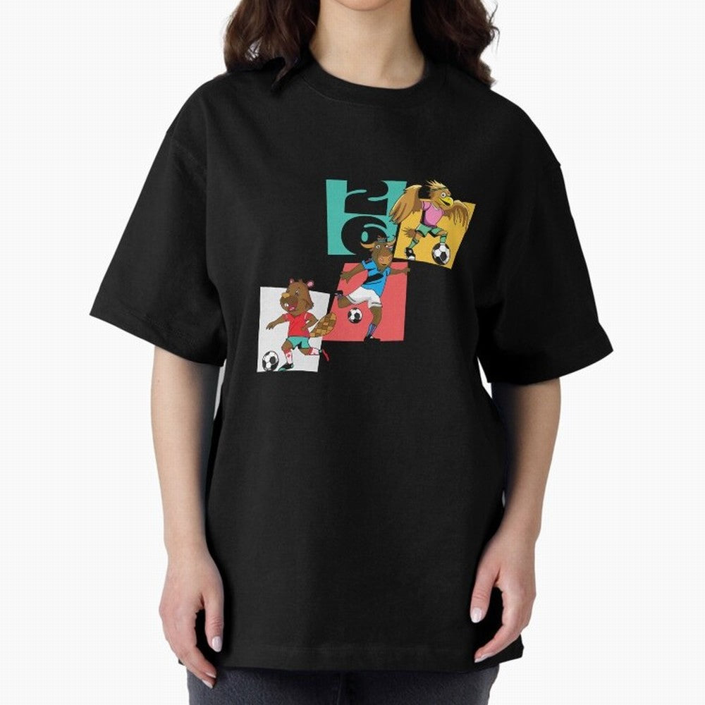 North America Mascots 2 T-Shirt_83568192 Oversized T-Shirt Bring a Champion Mindset to Global Football Passion for FIFA World Cup 2026, Capturing Mbappe and Neymar, England, France and Netherlands, Classic Soccer Heritage, Championship Pressure,