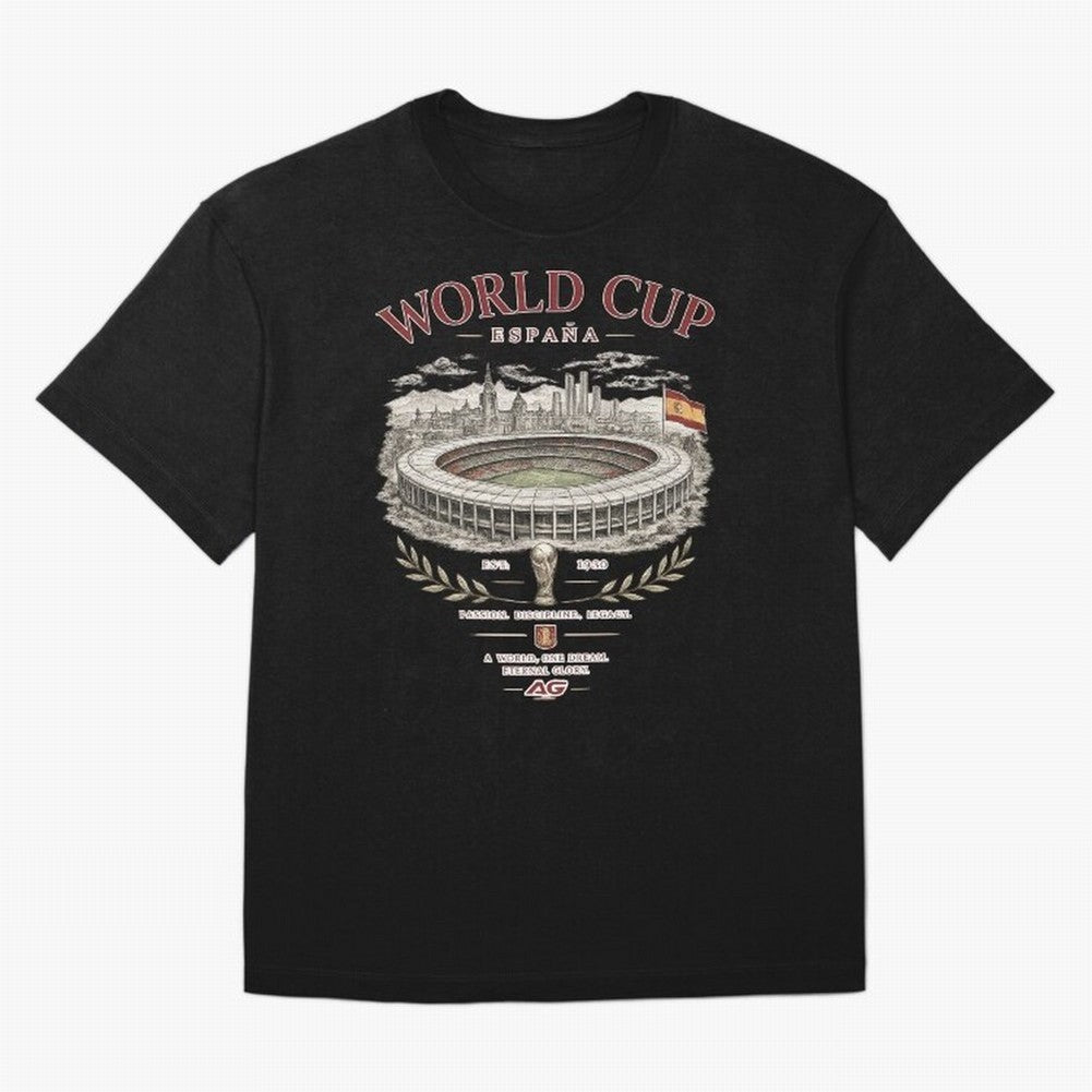 Spain World Cup Vintage Streetwear Oversized T-Shirt Celebrate Rivalries and Pride in FIFA World Cup 2026 Group Stage for Fans of Neymar and Portugal, Bringing Classic Soccer Heritage, Championship Pressure, Fan Loyalty and International Pride;