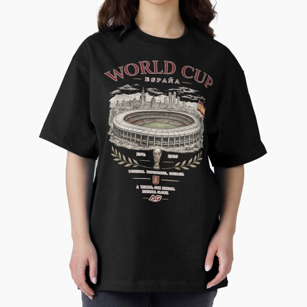 Spain World Cup Vintage Streetwear Oversized T-Shirt Celebrate Rivalries and Pride in FIFA World Cup 2026 Group Stage for Fans of Neymar and Portugal, Bringing Classic Soccer Heritage, Championship Pressure, Fan Loyalty and International Pride;