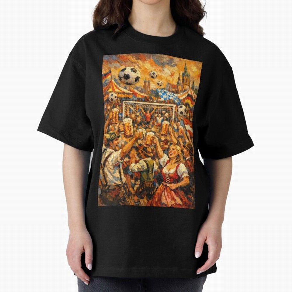 Festival Celebration with Soccer and Beer Oversized T-Shirt Keep the Match Day Mood of Global Football Passion for FIFA World Cup 2026 USA Canada Mexico, Featuring Messi, England and Germany, Soccer Culture, Superstar Moments, National Team Dreams