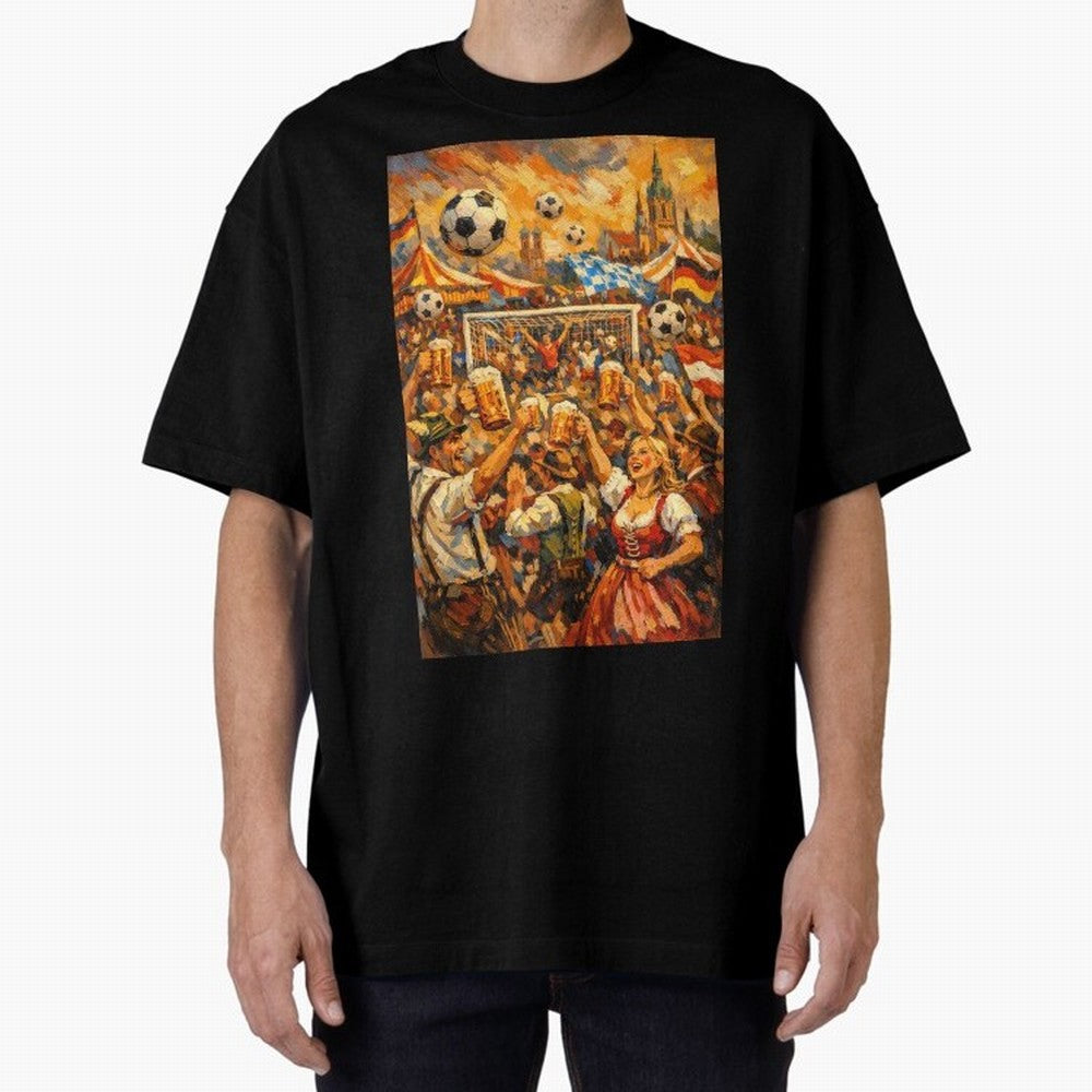 Festival Celebration with Soccer and Beer Oversized T-Shirt Keep the Match Day Mood of Global Football Passion for FIFA World Cup 2026 USA Canada Mexico, Featuring Messi, England and Germany, Soccer Culture, Superstar Moments, National Team Dreams