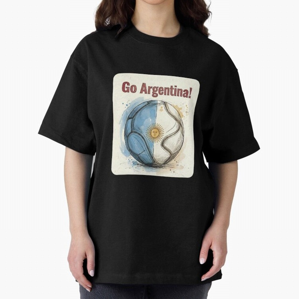 Go Argentina Soccer Ball Flag | Argentinian Football Fan Graphic Tee Oversized T-Shirt Back Your Heroes with the FIFA World Cup 2026 Group Stage Journey through CR7 and Messi Highlights, Argentina and Brazil Pride, Football Festival Excitement,