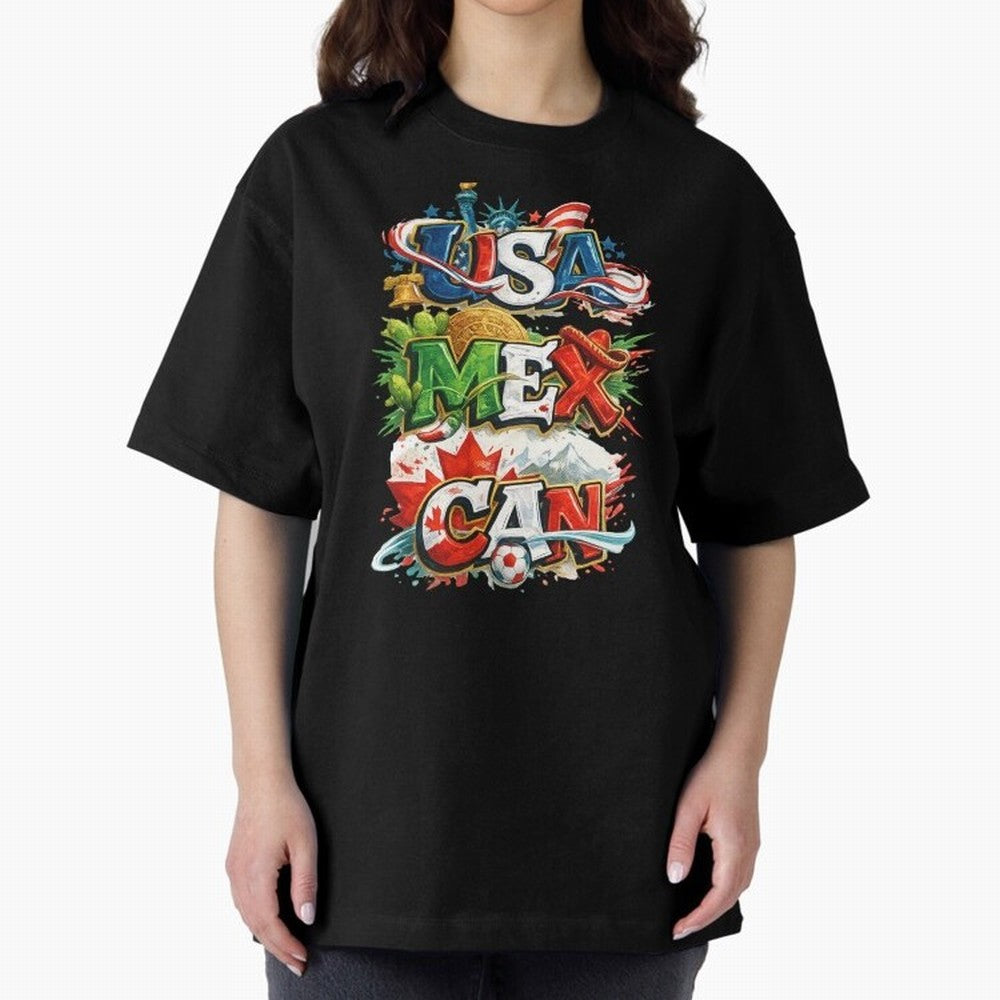 World Cup 2026 USA Canada Mexico Oversized T-Shirt Live the Energy of Global Football Passion for FIFA World Cup 2026, Centered on Messi, CR7 and Mbappe, Portugal, Worldwide Fan Energy, Dramatic Goals, Stadium Lights and Championship Celebrations;