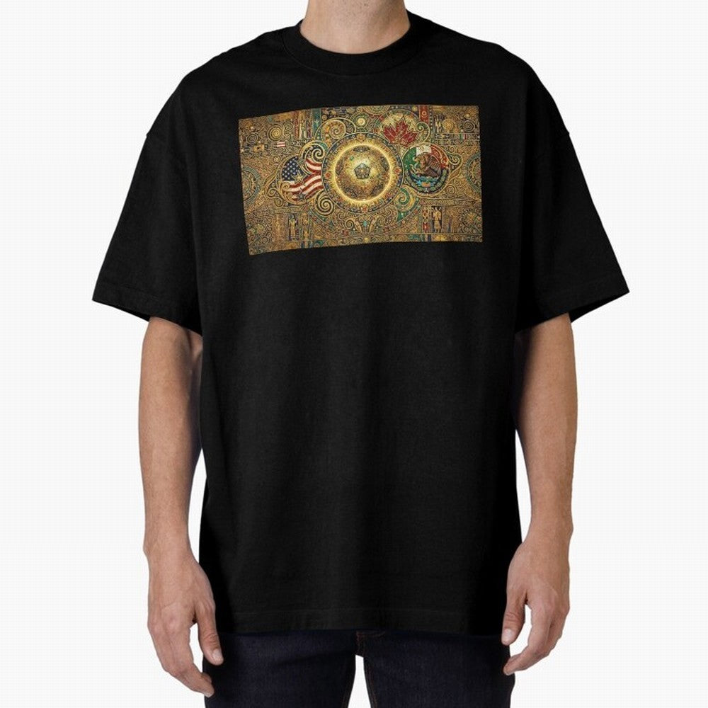 Ornate Soccer Emblem with Flags Oversized T-Shirt Embrace FIFA World Cup 2026 USA Canada Mexico Spirit, Driven by Portugal, Spain and Germany, Haaland and Mbappe, Fan Favorite Moments, National Team Passion, Big Match Drama and Soccer History; Made