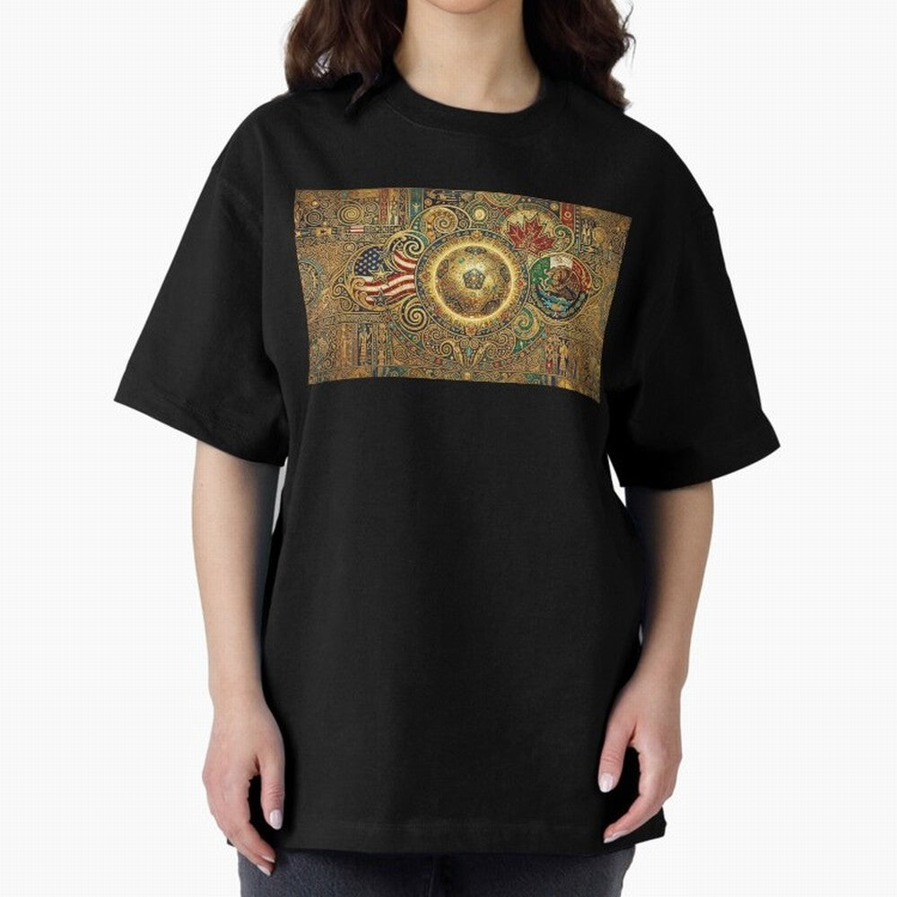 Ornate Soccer Emblem with Flags Oversized T-Shirt Embrace FIFA World Cup 2026 USA Canada Mexico Spirit, Driven by Portugal, Spain and Germany, Haaland and Mbappe, Fan Favorite Moments, National Team Passion, Big Match Drama and Soccer History; Made