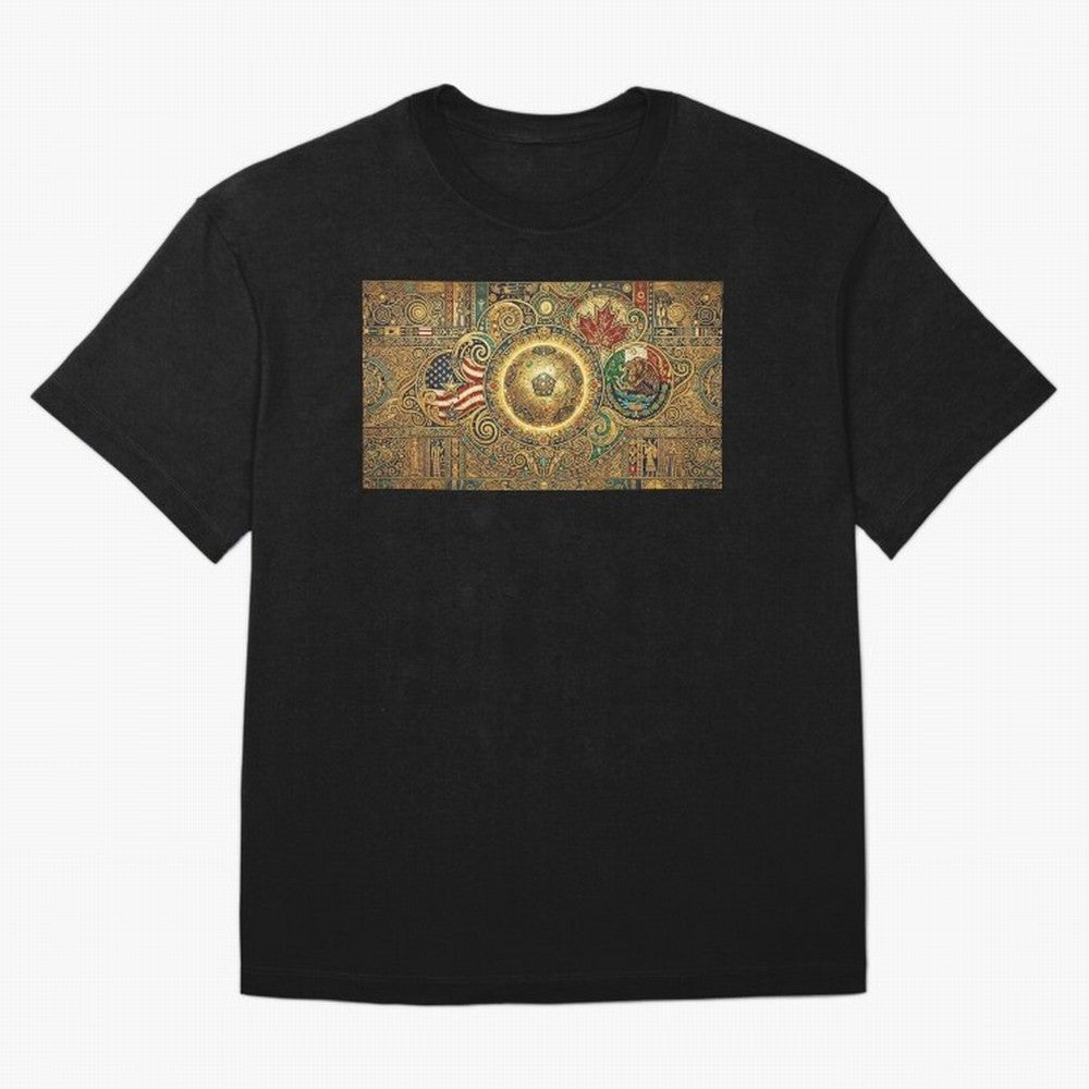 Ornate Soccer Emblem with Flags Oversized T-Shirt Embrace FIFA World Cup 2026 USA Canada Mexico Spirit, Driven by Portugal, Spain and Germany, Haaland and Mbappe, Fan Favorite Moments, National Team Passion, Big Match Drama and Soccer History; Made