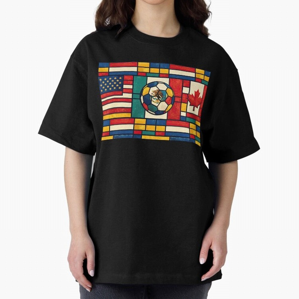 Elegant World Cup Stadiums Geometrical | Soccer Flags Mexico Canada USA Oversized T-Shirt Follow FIFA World Cup 2026 USA Canada Mexico Featuring Messi and Cristiano Ronaldo, Argentina Energy, Football Passion, Legendary Performances, Festival Vibes
