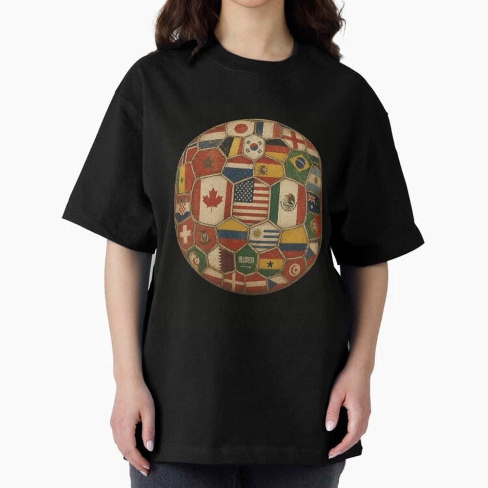 Vintage World Flags Soccer Ball,2026 International Football Graphic Gifts Tee Oversized T-Shirt Show Love for Legendary Goals in the FIFA World Cup 2026 Group Stage Journey through Messi, CR7 and Mbappe Highlights, Argentina and Brazil Pride,