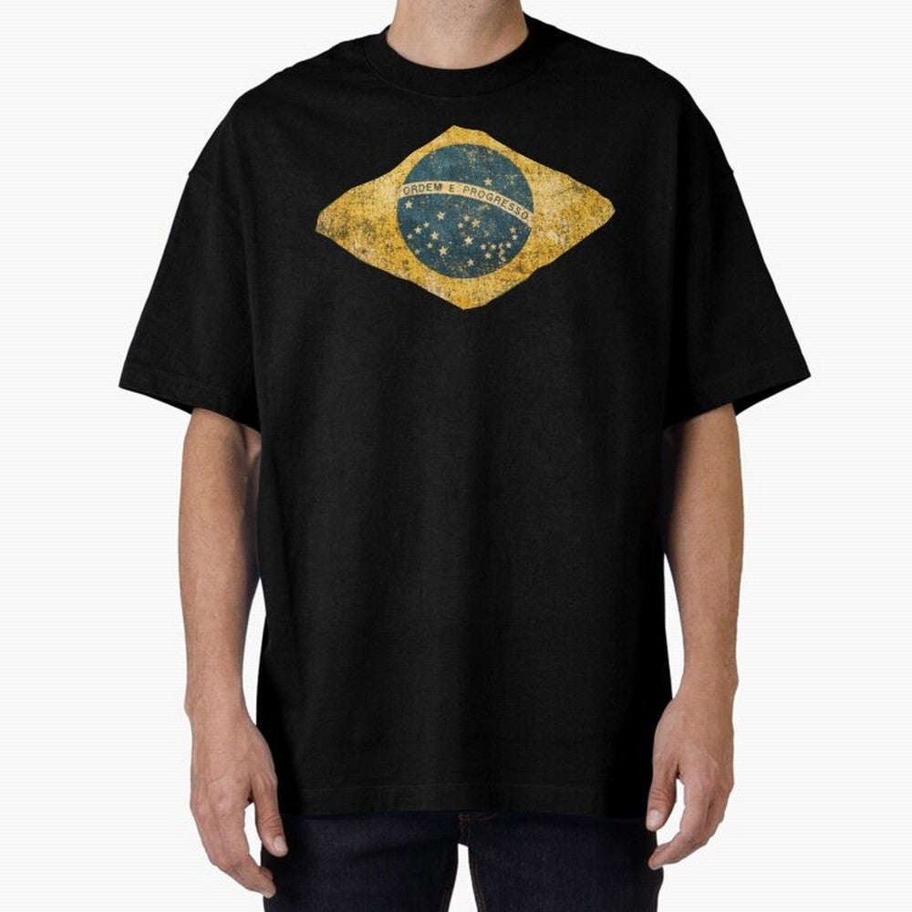 Vintage Brazil Flag Soccer Fan Design Oversized T-Shirt Make Memories around Match Day Hype around FIFA World Cup 2026 Group Stage, Neymar, Haaland and Cristiano Ronaldo, England, France and Netherlands, Supporter Pride, Iconic Celebrations,